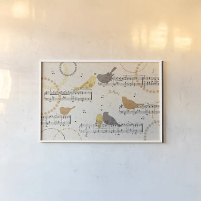 Song Birds IV Yellow by Veronique Charron. shown as a paper print in a white frame. Available as a archival giclee rolled canvas, fine art paper, or poster print. SKU 88752i.