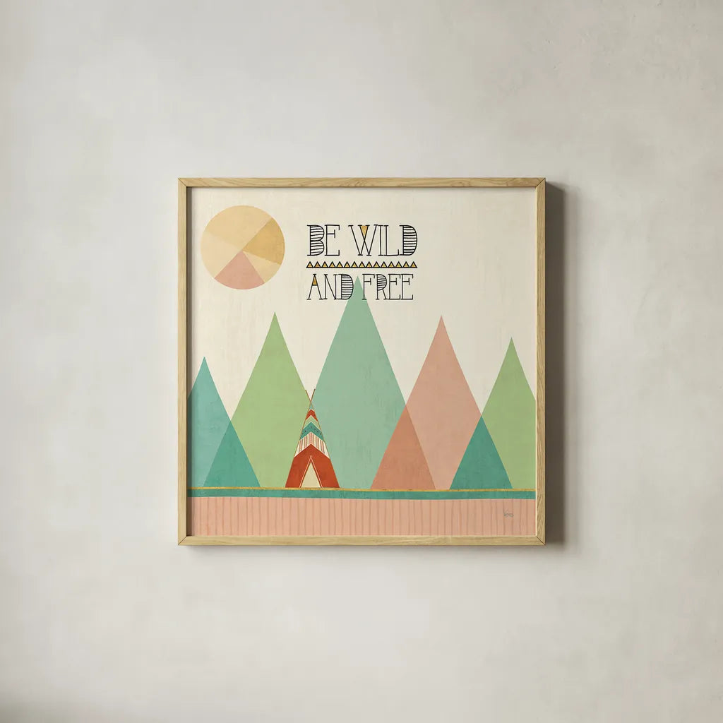 Southwest Geo II by Veronique Charron. Shown in a natural wood glass frame for a timeless modern aesthetic. Available as an archival giclee rolled canvas, fine art paper, or poster print. SKU 33005a.