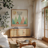 Southwest Geo II by Veronique Charron. Shown in a natural wood frame in a cozy modern living room. Available as an archival giclee rolled canvas, fine art paper, or poster print. SKU 33005a.