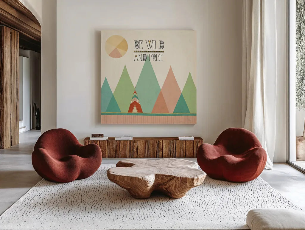 Southwest Geo II by Veronique Charron. Shown as extra-large giant wall art in a modern living room. Available as an archival giclee rolled canvas, fine art paper, or poster print. SKU 33005a.