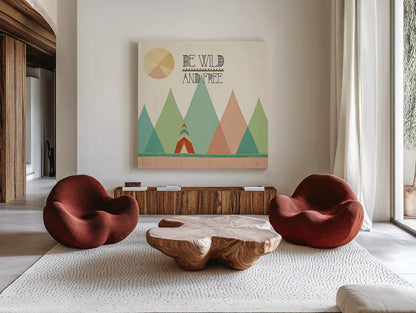Southwest Geo II by Veronique Charron. Shown as extra-large giant wall art in a modern living room. Available as an archival giclee rolled canvas, fine art paper, or poster print. SKU 33005a.