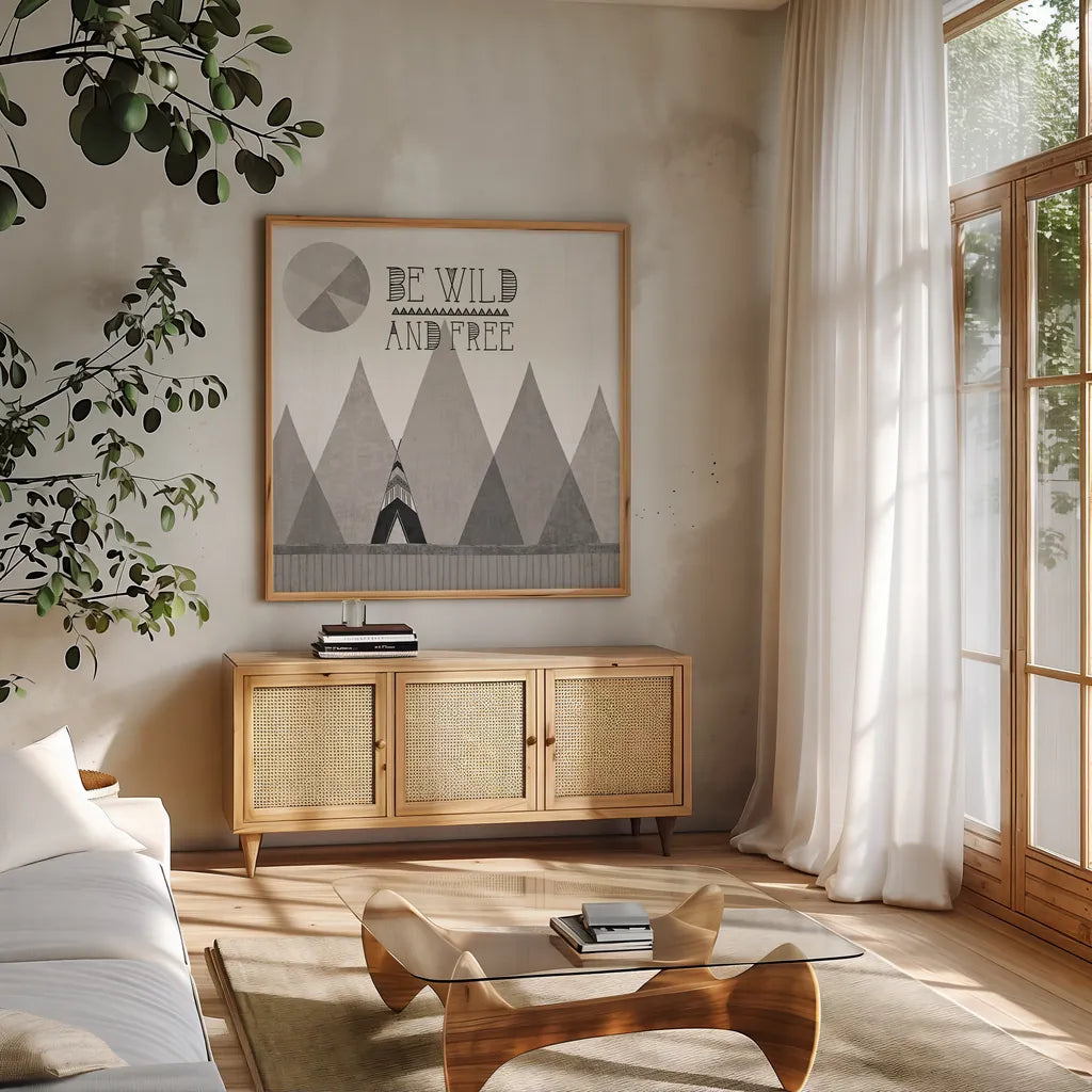 Southwest Geo II BW by Veronique Charron. Shown in a natural wood frame in a cozy modern living room. Available as an archival giclee rolled canvas, fine art paper, or poster print. SKU 34540a.