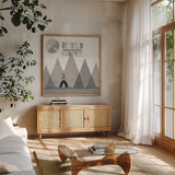 Southwest Geo II BW by Veronique Charron. Shown in a natural wood frame in a cozy modern living room. Available as an archival giclee rolled canvas, fine art paper, or poster print. SKU 34540a.