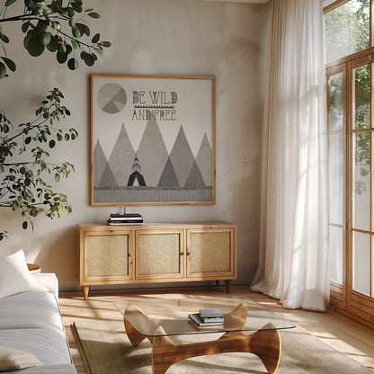 Southwest Geo II BW by Veronique Charron. Shown in a natural wood frame in a cozy modern living room. Available as an archival giclee rolled canvas, fine art paper, or poster print. SKU 34540a.