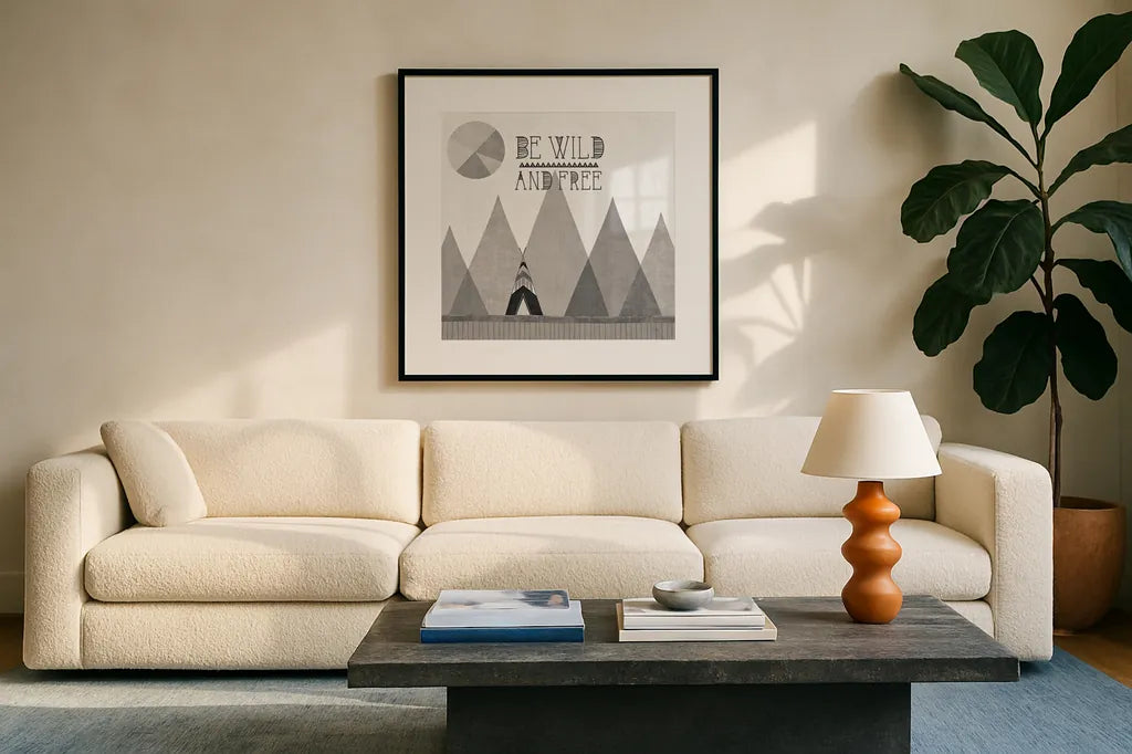 Southwest Geo II BW by Veronique Charron. Displayed in a glass frame with matte in a clean modern living room. Available as an archival giclee rolled canvas, fine art paper, or poster print. SKU 34540a.