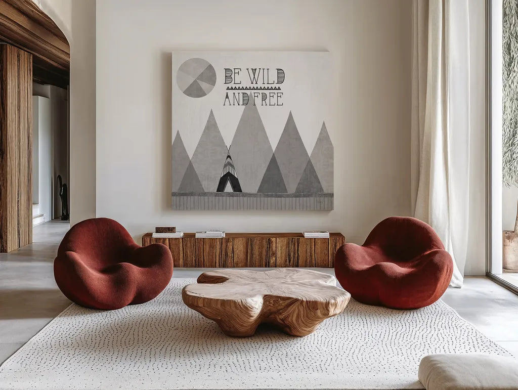 Southwest Geo II BW by Veronique Charron. Shown as extra-large giant wall art in a modern living room. Available as an archival giclee rolled canvas, fine art paper, or poster print. SKU 34540a.