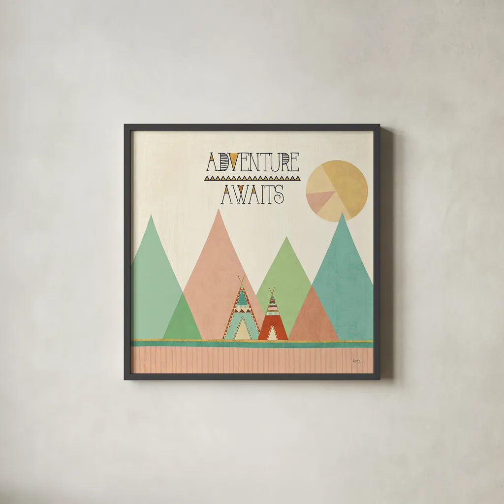 Southwest Geo III by Veronique Charron. Shown in a sleek black glass frame for a contemporary gallery look. Available as an archival giclee rolled canvas, fine art paper, or poster print. SKU 33006a.