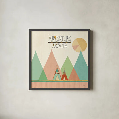 Southwest Geo III by Veronique Charron. Shown in a sleek black glass frame for a contemporary gallery look. Available as an archival giclee rolled canvas, fine art paper, or poster print. SKU 33006a.