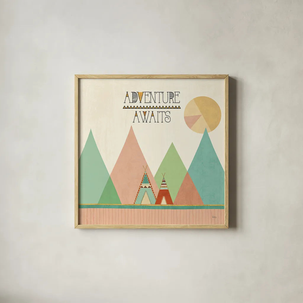 Southwest Geo III by Veronique Charron. Shown in a natural wood glass frame for a timeless modern aesthetic. Available as an archival giclee rolled canvas, fine art paper, or poster print. SKU 33006a.