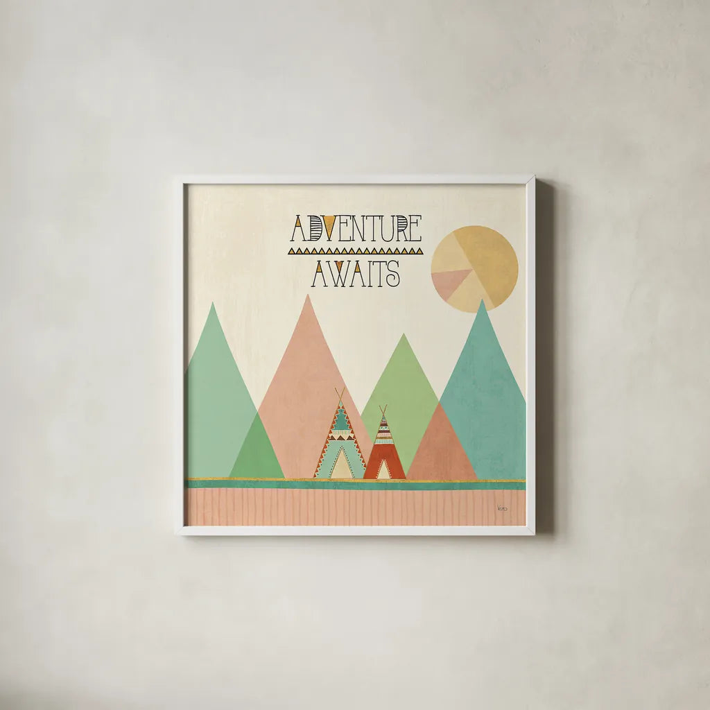 Southwest Geo III by Veronique Charron. Shown in a crisp white glass frame for a clean and minimalist style. Available as an archival giclee rolled canvas, fine art paper, or poster print. SKU 33006a.