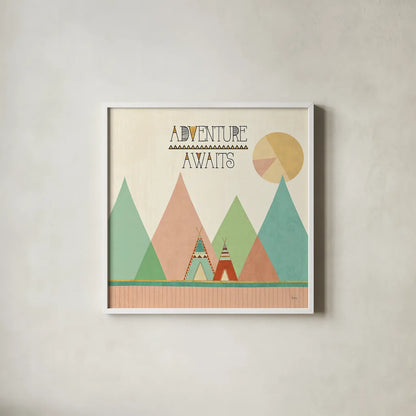 Southwest Geo III by Veronique Charron. Shown in a crisp white glass frame for a clean and minimalist style. Available as an archival giclee rolled canvas, fine art paper, or poster print. SKU 33006a.