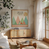 Southwest Geo III by Veronique Charron. Shown in a natural wood frame in a cozy modern living room. Available as an archival giclee rolled canvas, fine art paper, or poster print. SKU 33006a.