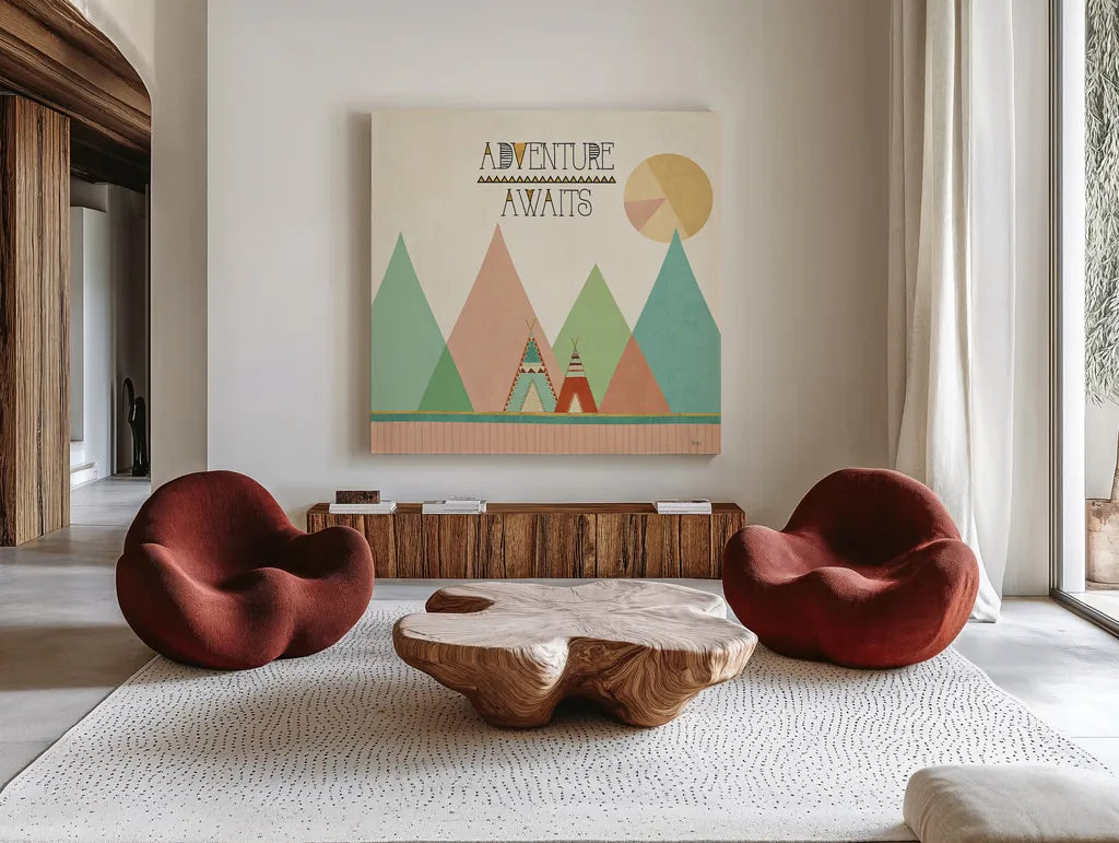 Southwest Geo III by Veronique Charron. Shown as extra-large giant wall art in a modern living room. Available as an archival giclee rolled canvas, fine art paper, or poster print. SKU 33006a.