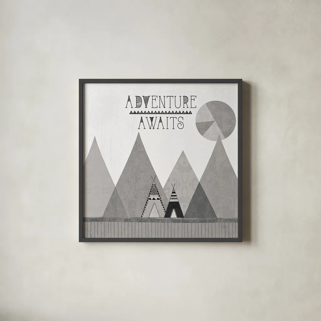 Southwest Geo III BW by Veronique Charron. Shown in a sleek black glass frame for a contemporary gallery look. Available as an archival giclee rolled canvas, fine art paper, or poster print. SKU 34541a.