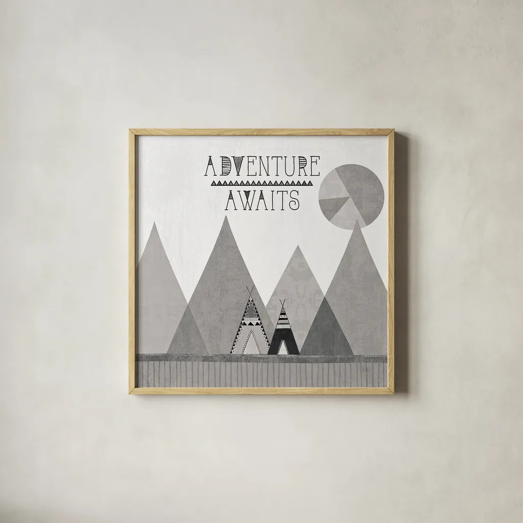 Southwest Geo III BW by Veronique Charron. Shown in a natural wood glass frame for a timeless modern aesthetic. Available as an archival giclee rolled canvas, fine art paper, or poster print. SKU 34541a.