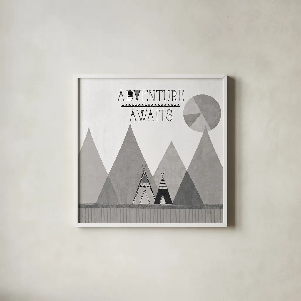 Southwest Geo III BW by Veronique Charron. Shown in a crisp white glass frame for a clean and minimalist style. Available as an archival giclee rolled canvas, fine art paper, or poster print. SKU 34541a.