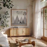 Southwest Geo III BW by Veronique Charron. Shown in a natural wood frame in a cozy modern living room. Available as an archival giclee rolled canvas, fine art paper, or poster print. SKU 34541a.
