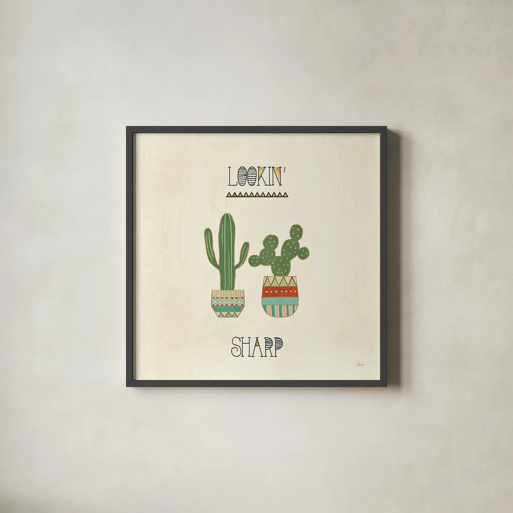 Southwest Geo IX by Veronique Charron. Shown in a sleek black glass frame for a contemporary gallery look. Available as an archival giclee rolled canvas, fine art paper, or poster print. SKU 33012a.