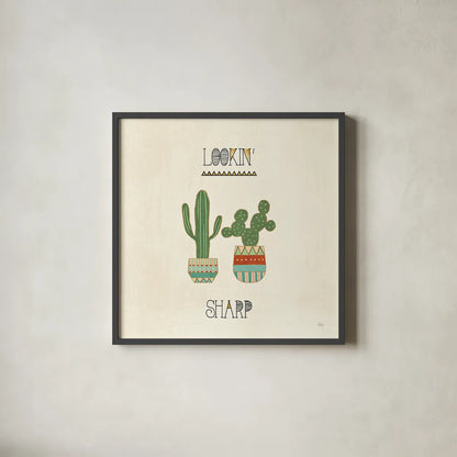 Southwest Geo IX by Veronique Charron. Shown in a sleek black glass frame for a contemporary gallery look. Available as an archival giclee rolled canvas, fine art paper, or poster print. SKU 33012a.