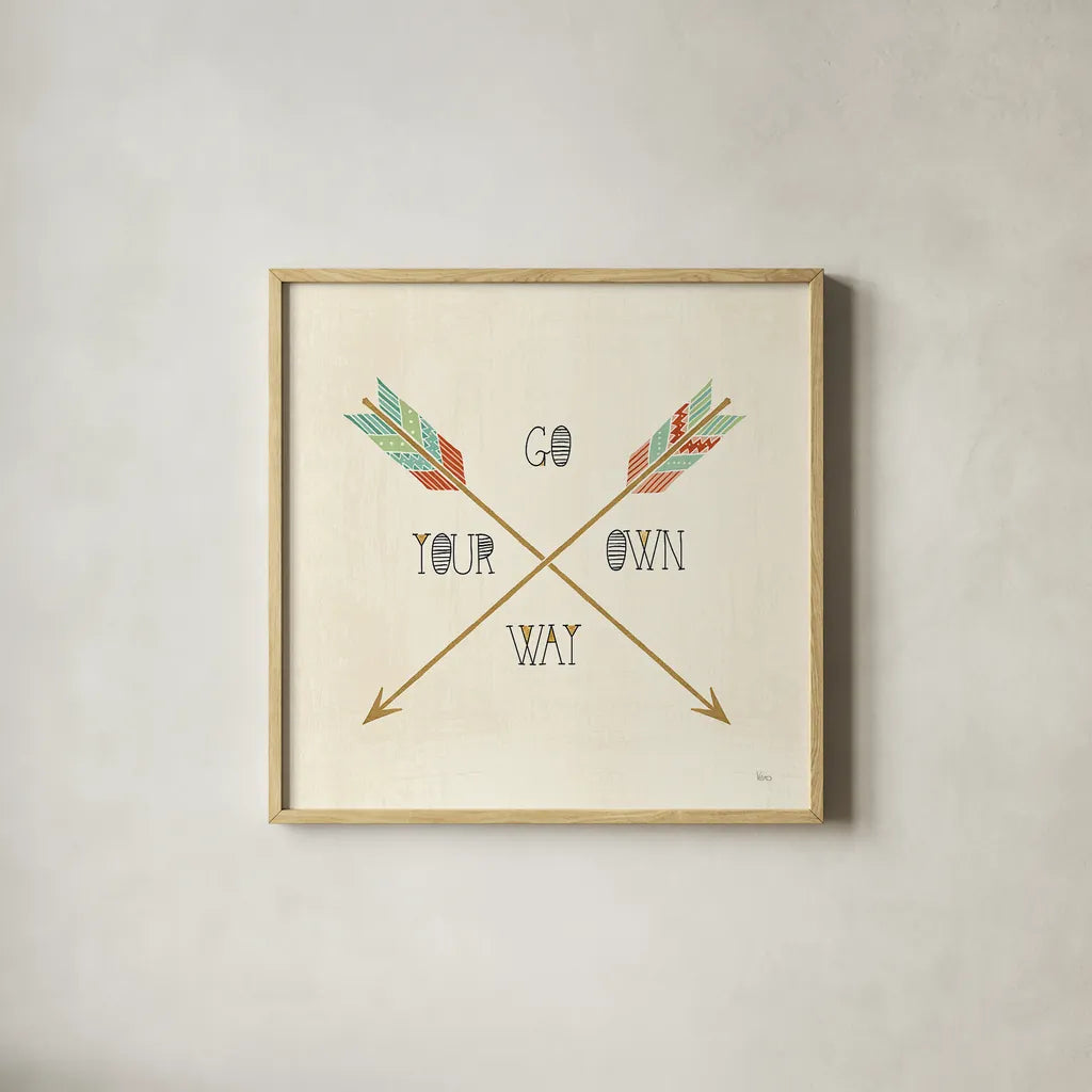 Southwest Geo V by Veronique Charron. Shown in a natural wood glass frame for a timeless modern aesthetic. Available as an archival giclee rolled canvas, fine art paper, or poster print. SKU 33008a.