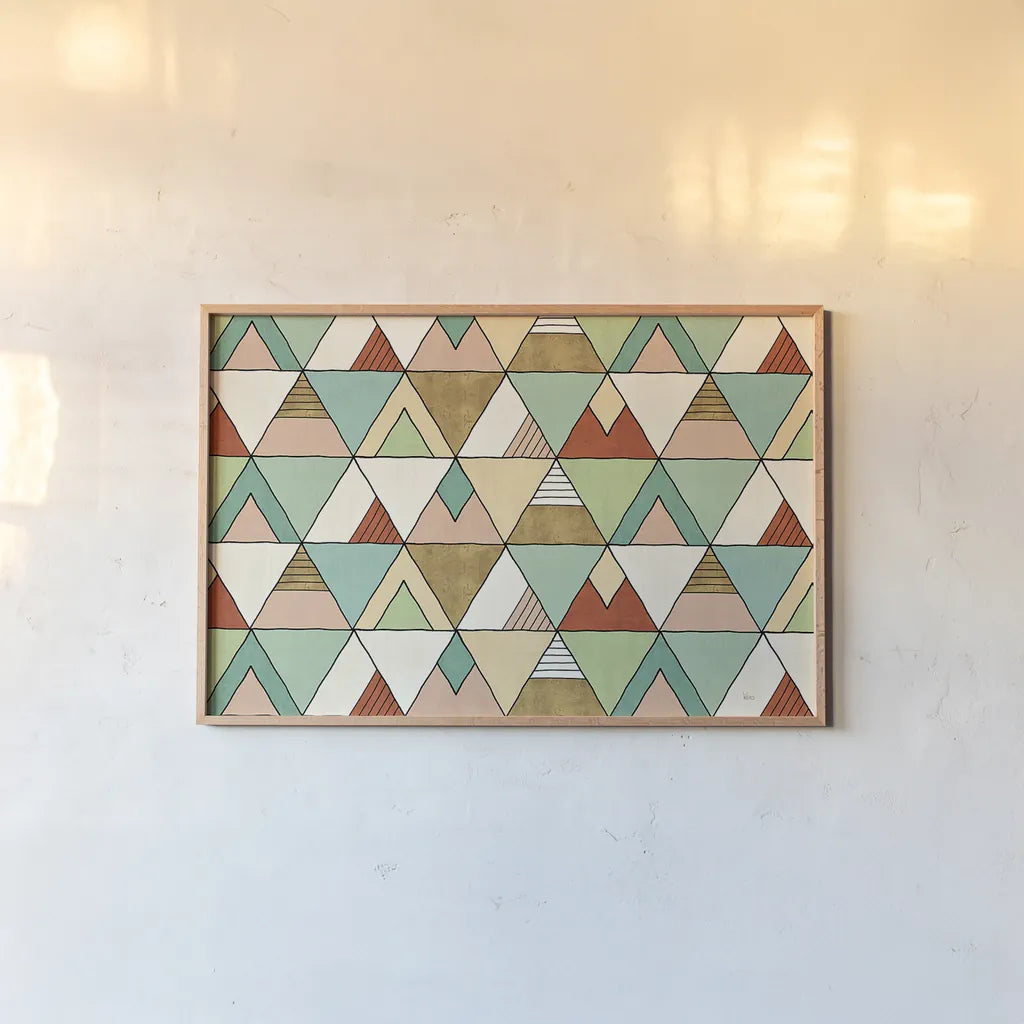 Southwest Geo X by Veronique Charron. shown as a paper print in a natural frame. Available as a archival giclee rolled canvas, fine art paper, or poster print. SKU 33013i.