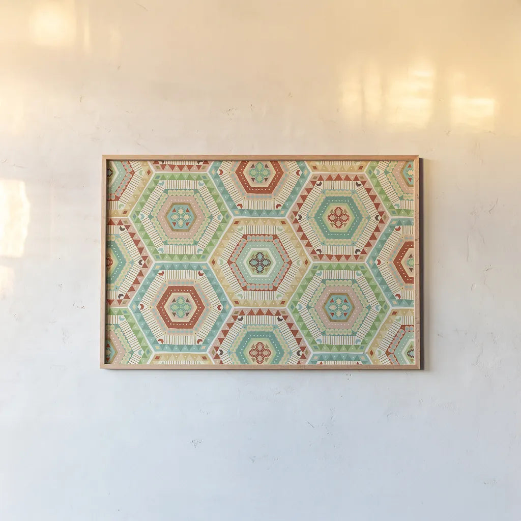 Southwest Geo XI by Veronique Charron. shown as a paper print in a natural frame. Available as a archival giclee rolled canvas, fine art paper, or poster print. SKU 33014i.