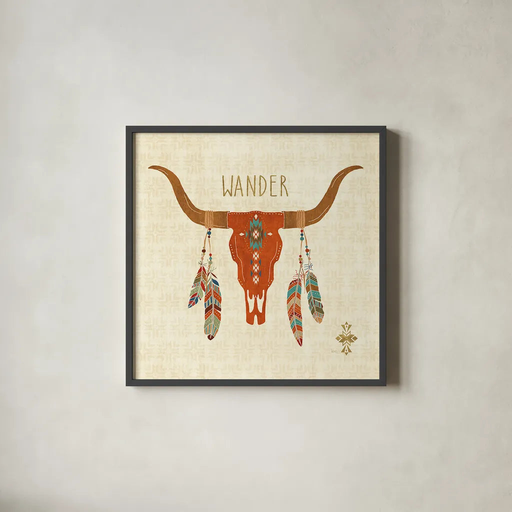 Southwest at Heart I by Veronique Charron. Shown in a sleek black glass frame for a contemporary gallery look. Available as an archival giclee rolled canvas, fine art paper, or poster print. SKU 20002a.