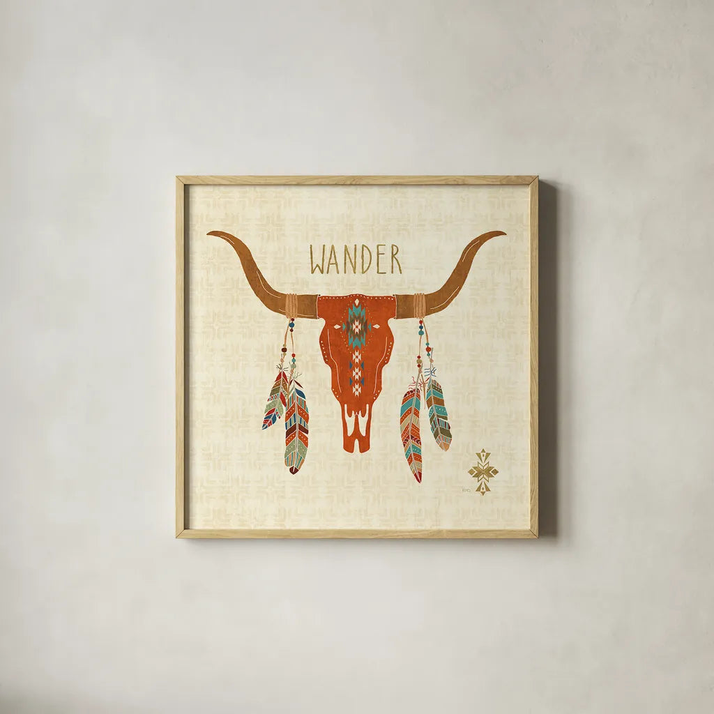 Southwest at Heart I by Veronique Charron. Shown in a natural wood glass frame for a timeless modern aesthetic. Available as an archival giclee rolled canvas, fine art paper, or poster print. SKU 20002a.