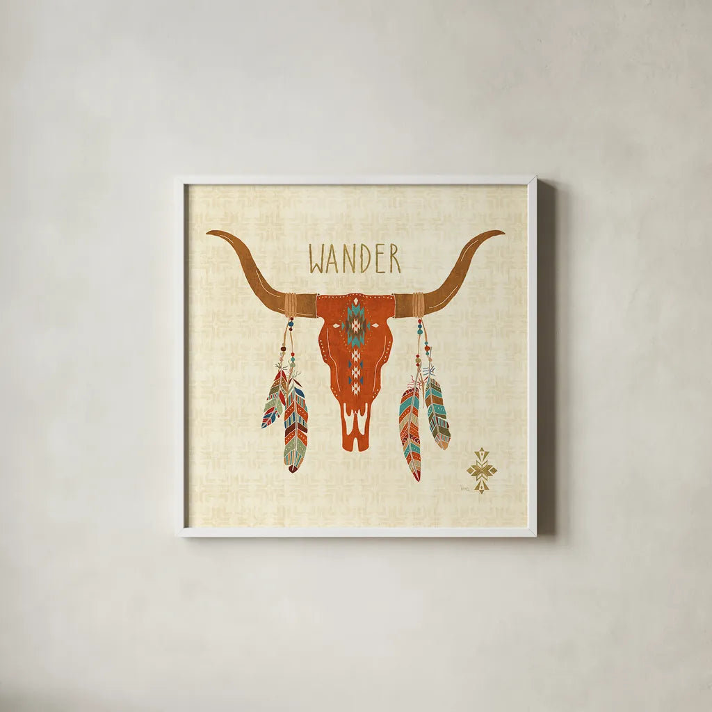 Southwest at Heart I by Veronique Charron. Shown in a crisp white glass frame for a clean and minimalist style. Available as an archival giclee rolled canvas, fine art paper, or poster print. SKU 20002a.