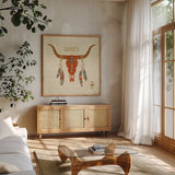 Southwest at Heart I by Veronique Charron. Shown in a natural wood frame in a cozy modern living room. Available as an archival giclee rolled canvas, fine art paper, or poster print. SKU 20002a.