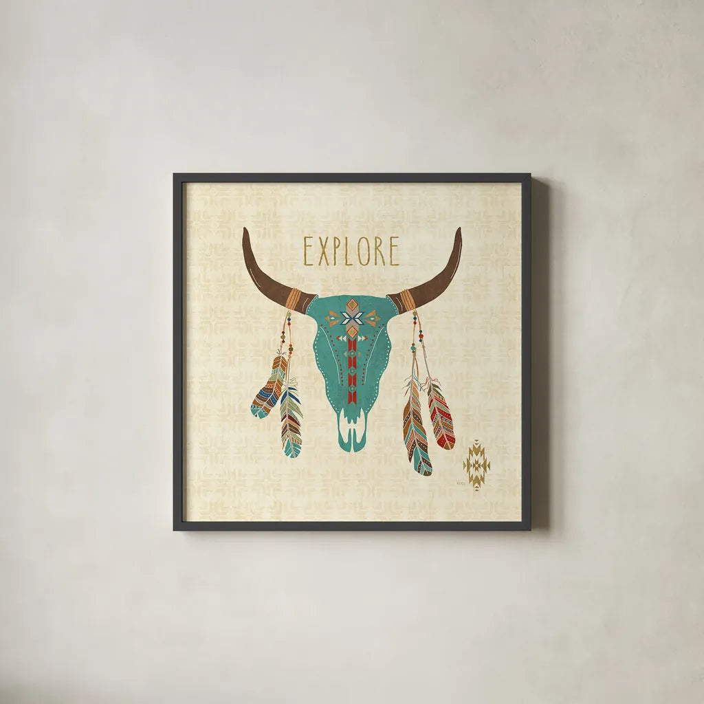 Southwest at Heart II by Veronique Charron. Shown in a sleek black glass frame for a contemporary gallery look. Available as an archival giclee rolled canvas, fine art paper, or poster print. SKU 20003a.