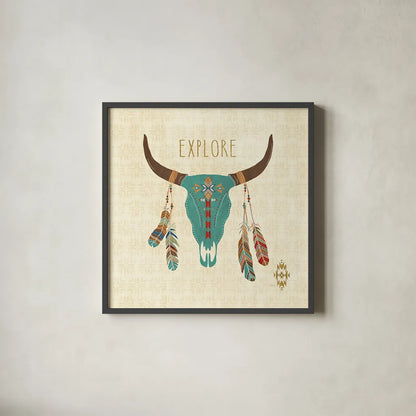 Southwest at Heart II by Veronique Charron. Shown in a sleek black glass frame for a contemporary gallery look. Available as an archival giclee rolled canvas, fine art paper, or poster print. SKU 20003a.