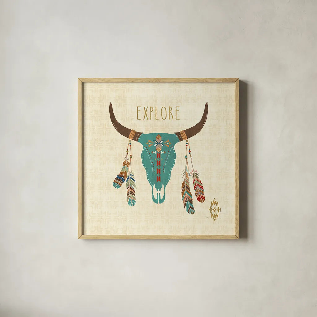 Southwest at Heart II by Veronique Charron. Shown in a natural wood glass frame for a timeless modern aesthetic. Available as an archival giclee rolled canvas, fine art paper, or poster print. SKU 20003a.