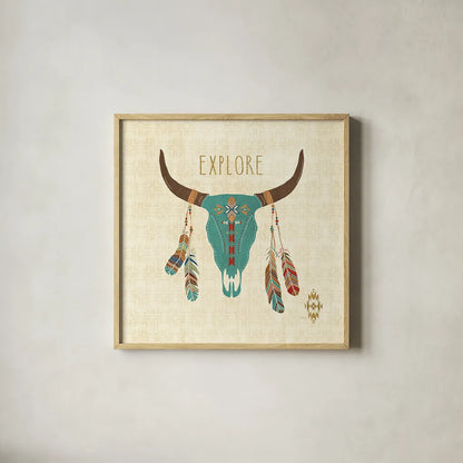 Southwest at Heart II by Veronique Charron. Shown in a natural wood glass frame for a timeless modern aesthetic. Available as an archival giclee rolled canvas, fine art paper, or poster print. SKU 20003a.