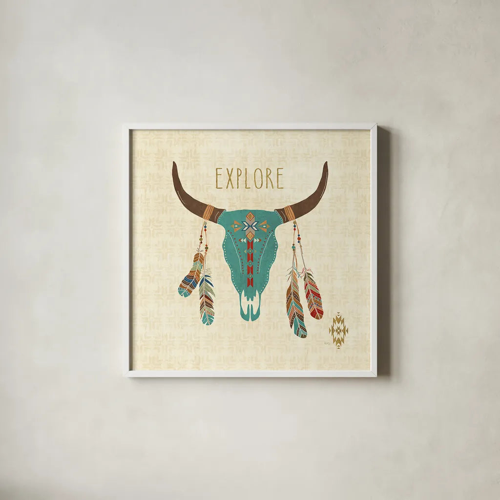 Southwest at Heart II by Veronique Charron. Shown in a crisp white glass frame for a clean and minimalist style. Available as an archival giclee rolled canvas, fine art paper, or poster print. SKU 20003a.