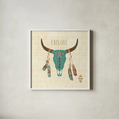 Southwest at Heart II by Veronique Charron. Shown in a crisp white glass frame for a clean and minimalist style. Available as an archival giclee rolled canvas, fine art paper, or poster print. SKU 20003a.