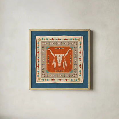 Southwest at Heart Tile I by Veronique Charron. Shown in a natural wood glass frame for a timeless modern aesthetic. Available as an archival giclee rolled canvas, fine art paper, or poster print. SKU 20006a.