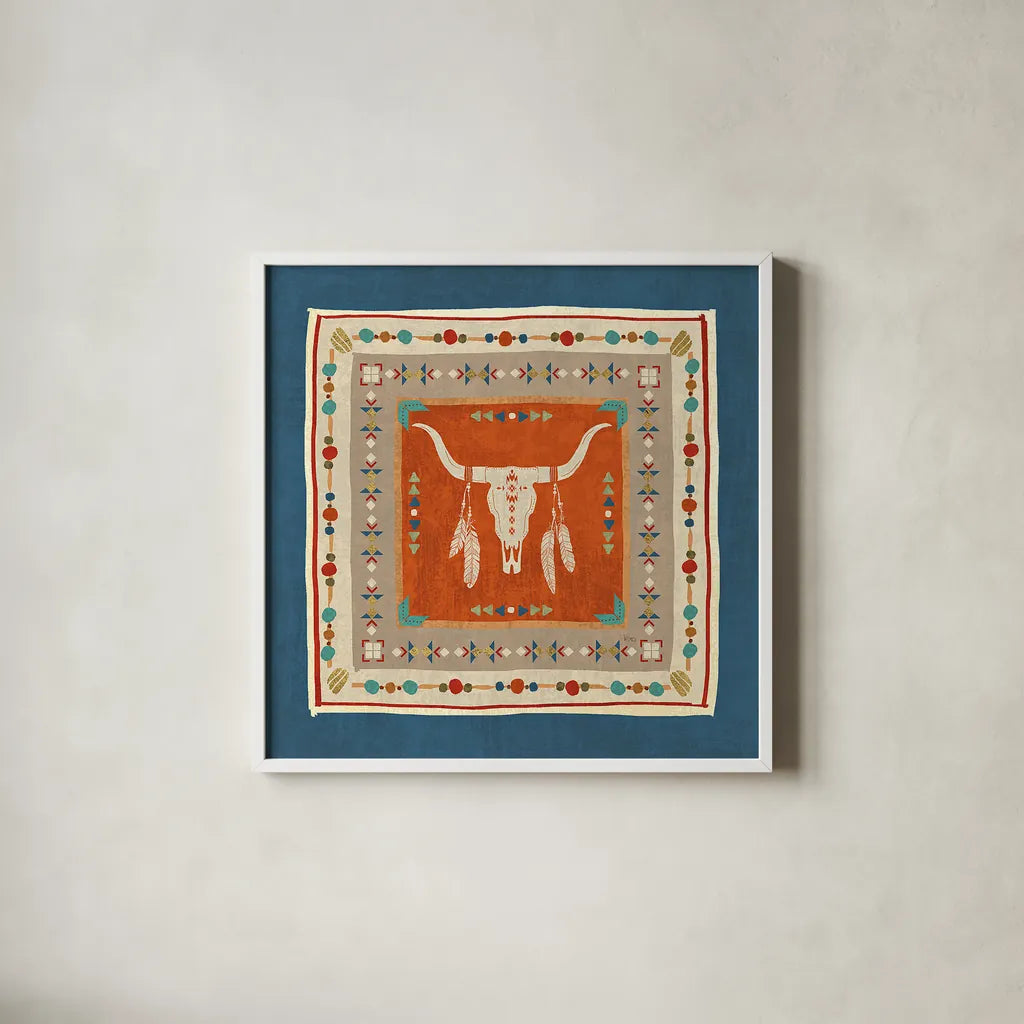 Southwest at Heart Tile I by Veronique Charron. Shown in a crisp white glass frame for a clean and minimalist style. Available as an archival giclee rolled canvas, fine art paper, or poster print. SKU 20006a.