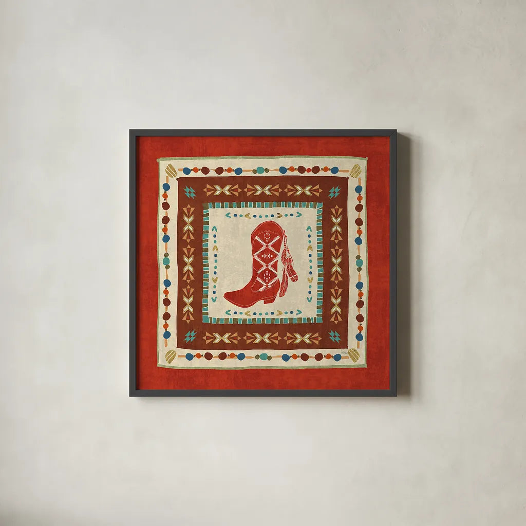 Southwest at Heart Tile II by Veronique Charron. Shown in a sleek black glass frame for a contemporary gallery look. Available as an archival giclee rolled canvas, fine art paper, or poster print. SKU 20007a.