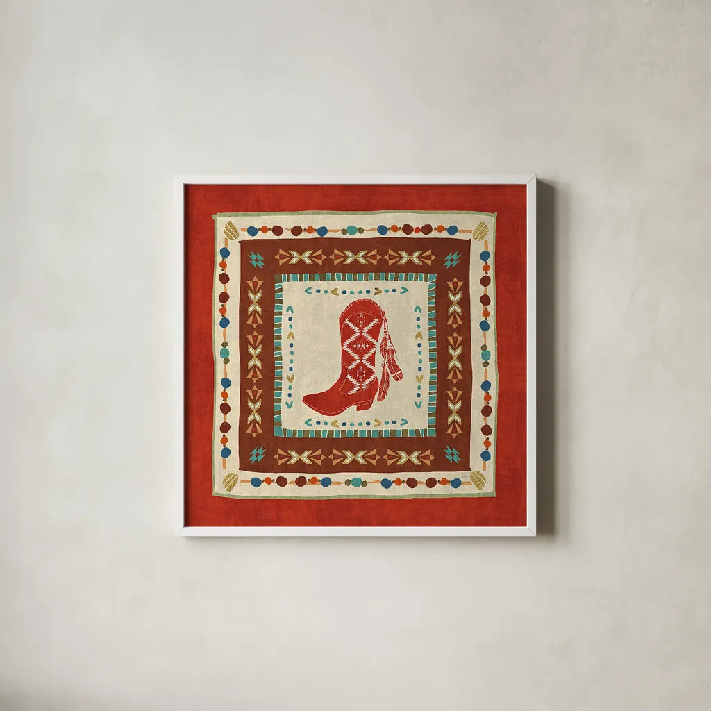 Southwest at Heart Tile II by Veronique Charron. Shown in a crisp white glass frame for a clean and minimalist style. Available as an archival giclee rolled canvas, fine art paper, or poster print. SKU 20007a.