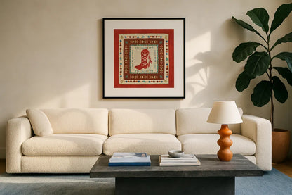 Southwest at Heart Tile II by Veronique Charron. Displayed in a glass frame with matte in a clean modern living room. Available as an archival giclee rolled canvas, fine art paper, or poster print. SKU 20007a.