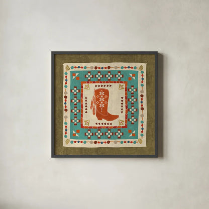 Southwest at Heart Tile III by Veronique Charron. Shown in a sleek black glass frame for a contemporary gallery look. Available as an archival giclee rolled canvas, fine art paper, or poster print. SKU 20008a.