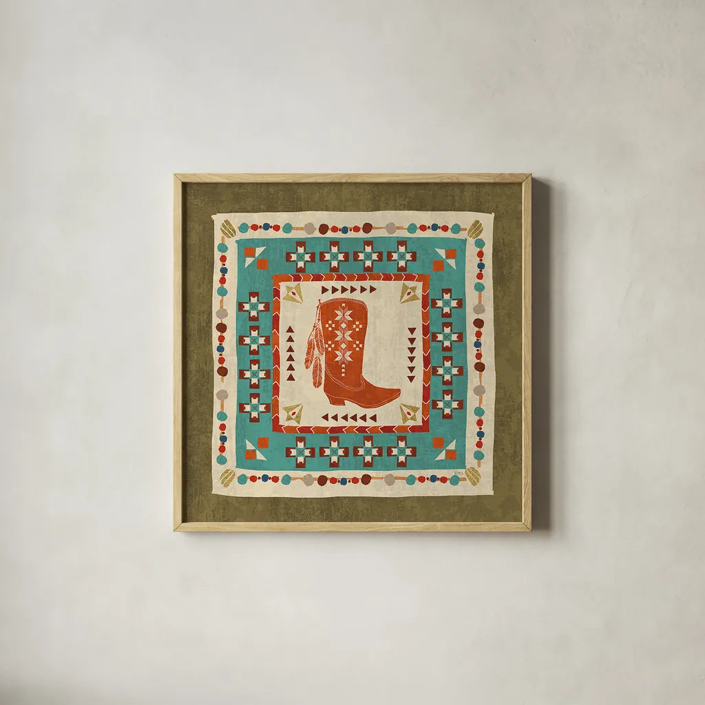 Southwest at Heart Tile III by Veronique Charron. Shown in a natural wood glass frame for a timeless modern aesthetic. Available as an archival giclee rolled canvas, fine art paper, or poster print. SKU 20008a.