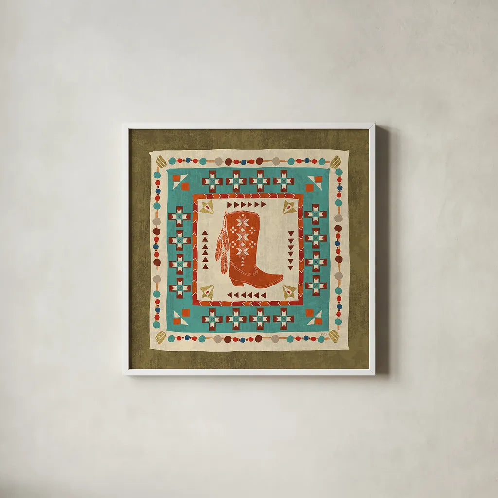 Southwest at Heart Tile III by Veronique Charron. Shown in a crisp white glass frame for a clean and minimalist style. Available as an archival giclee rolled canvas, fine art paper, or poster print. SKU 20008a.