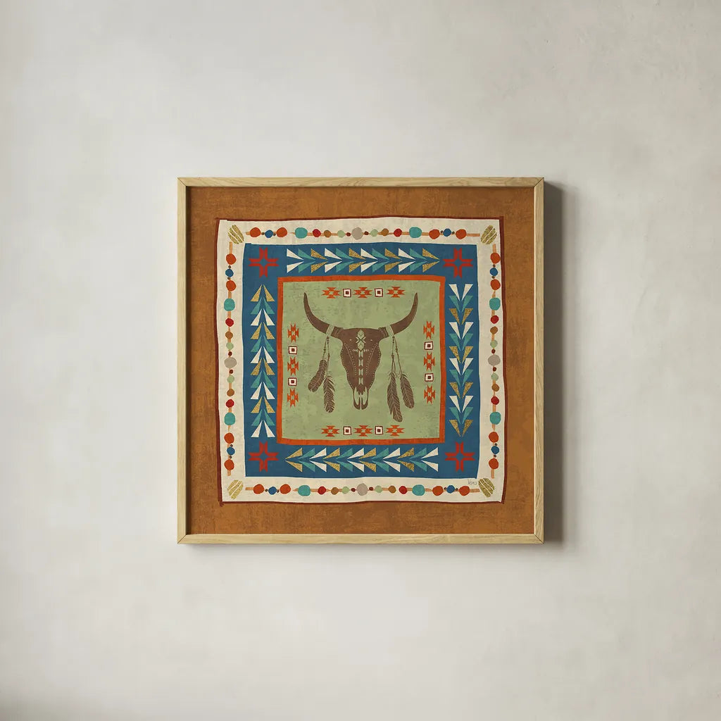 Southwest at Heart Tile IV by Veronique Charron. Shown in a natural wood glass frame for a timeless modern aesthetic. Available as an archival giclee rolled canvas, fine art paper, or poster print. SKU 20009a.