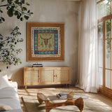 Southwest at Heart Tile IV by Veronique Charron. Shown in a natural wood frame in a cozy modern living room. Available as an archival giclee rolled canvas, fine art paper, or poster print. SKU 20009a.