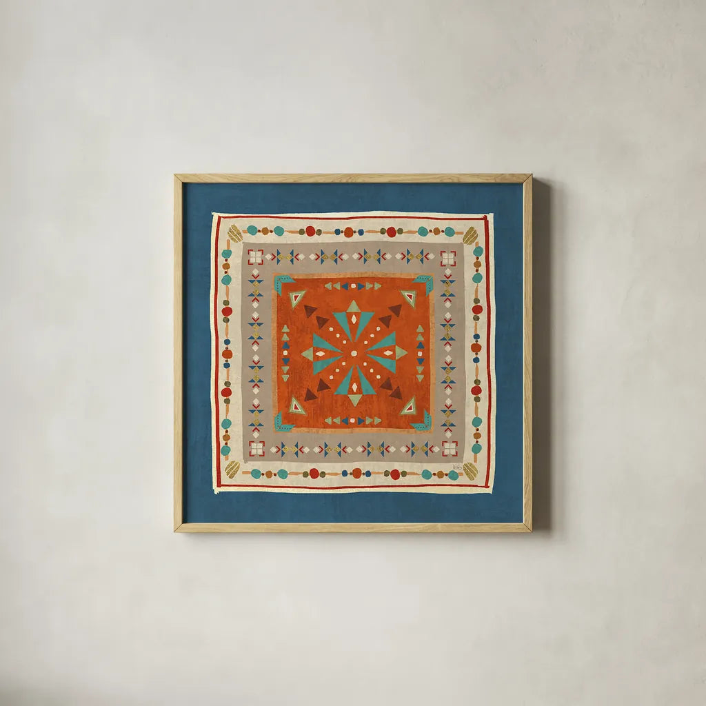 Southwest at Heart Tile V by Veronique Charron. Shown in a natural wood glass frame for a timeless modern aesthetic. Available as an archival giclee rolled canvas, fine art paper, or poster print. SKU 20010a.