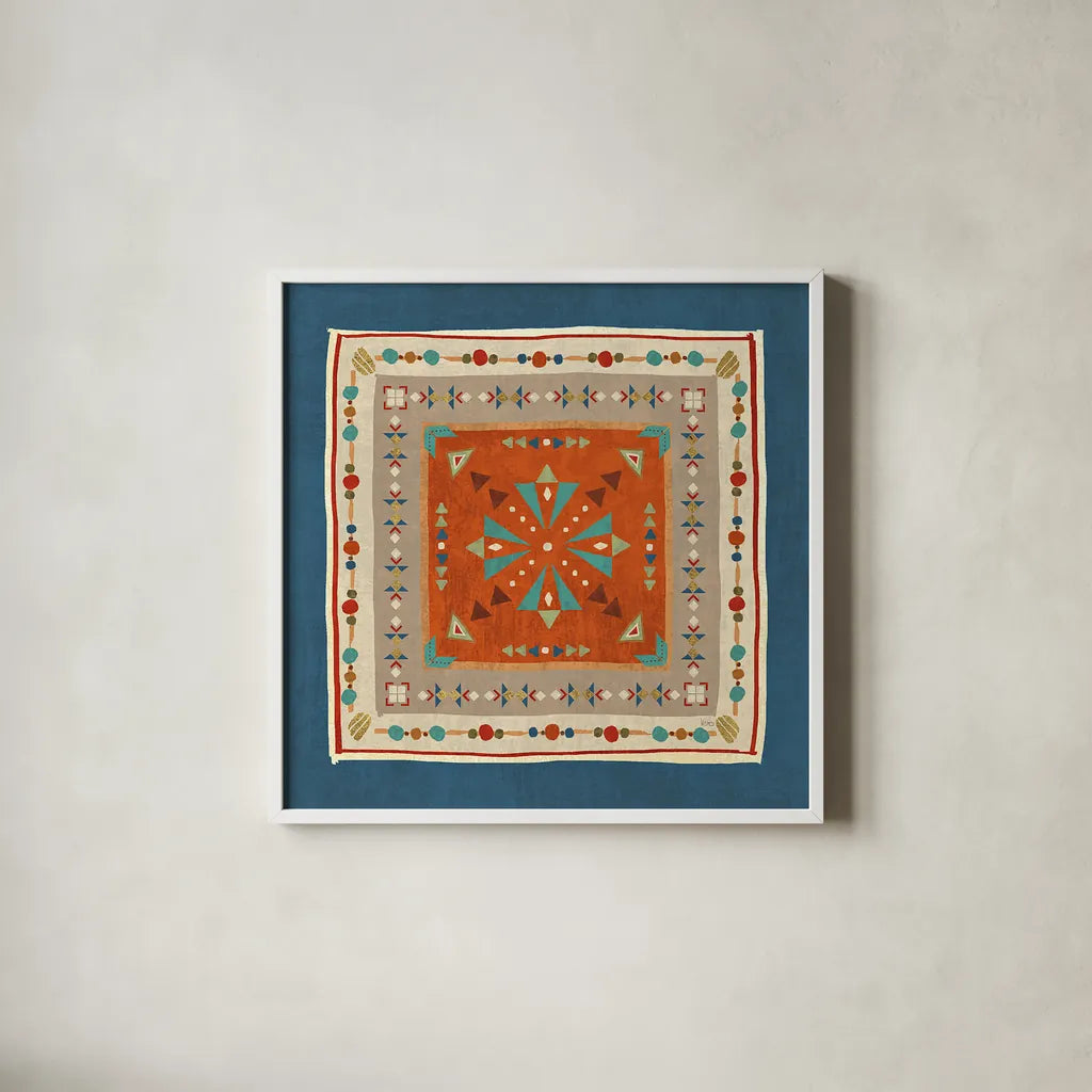Southwest at Heart Tile V by Veronique Charron. Shown in a crisp white glass frame for a clean and minimalist style. Available as an archival giclee rolled canvas, fine art paper, or poster print. SKU 20010a.