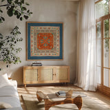 Southwest at Heart Tile V by Veronique Charron. Shown in a natural wood frame in a cozy modern living room. Available as an archival giclee rolled canvas, fine art paper, or poster print. SKU 20010a.
