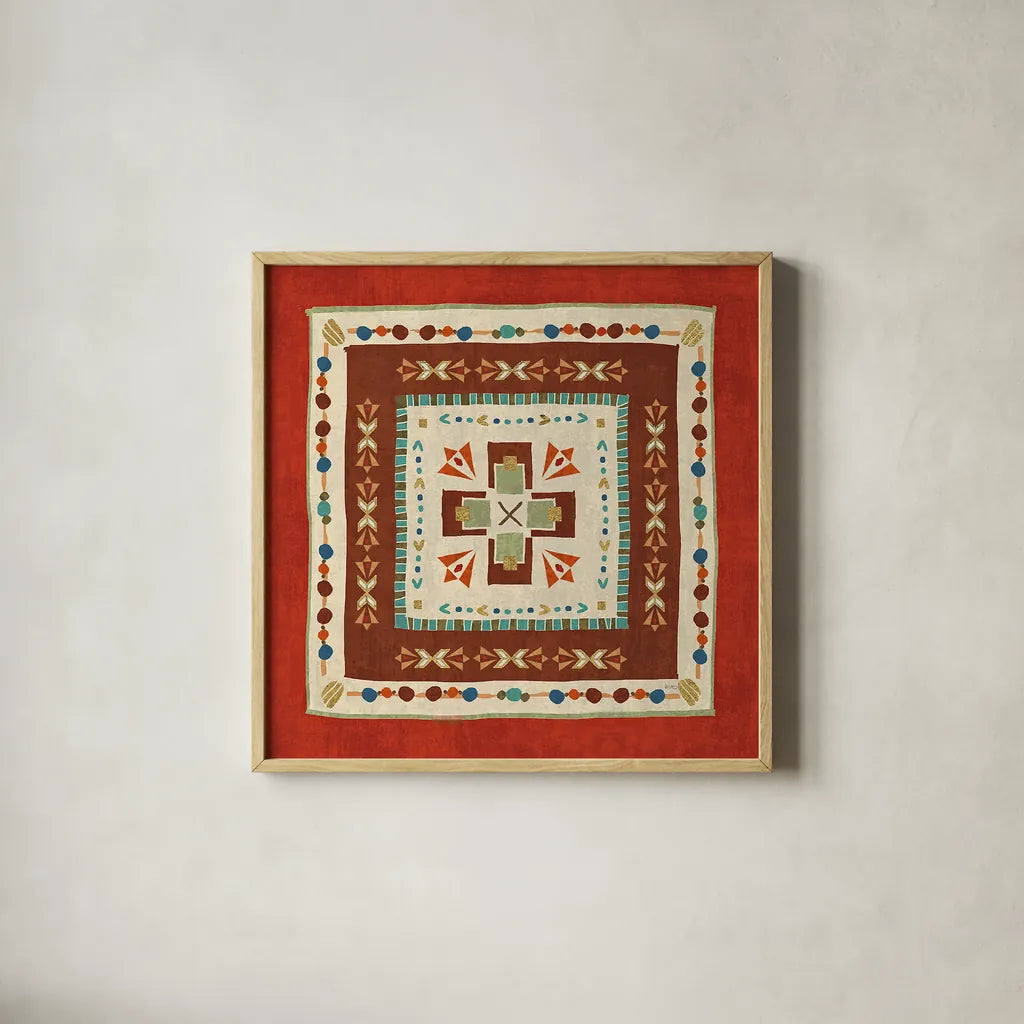 Southwest at Heart Tile VI by Veronique Charron. Shown in a natural wood glass frame for a timeless modern aesthetic. Available as an archival giclee rolled canvas, fine art paper, or poster print. SKU 20011a.